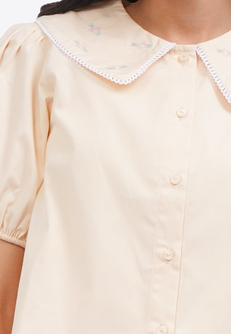 Printed Collar Puff Sleeve Blouse