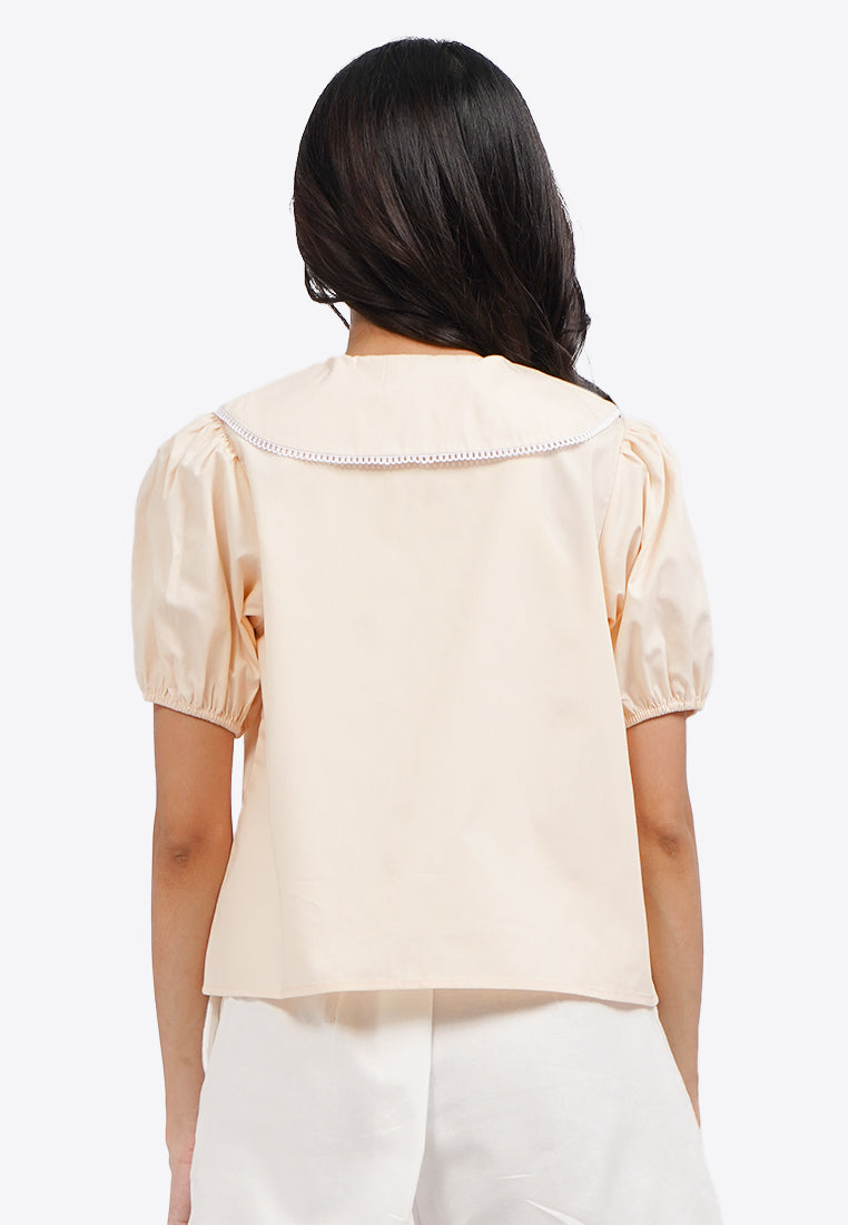 Printed Collar Puff Sleeve Blouse