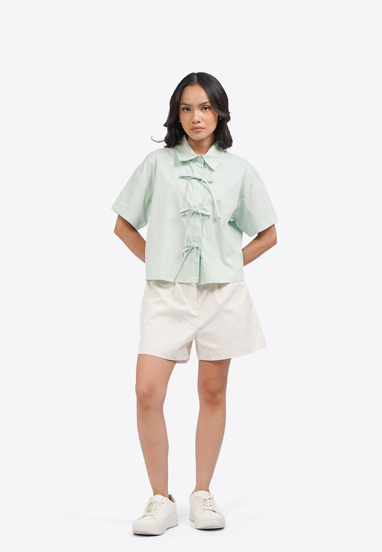 Tied Front Short Sleeve Blouse Sage