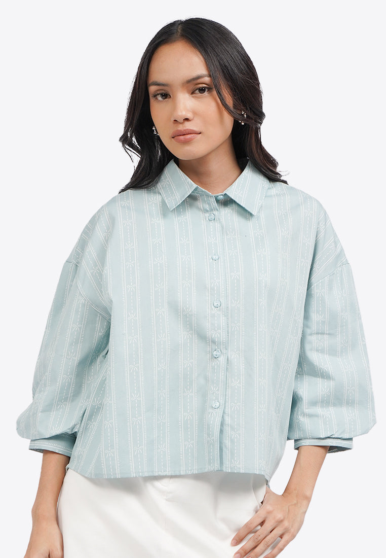 Printed 3/4 Puffy Sleeves Blouse L.Blue