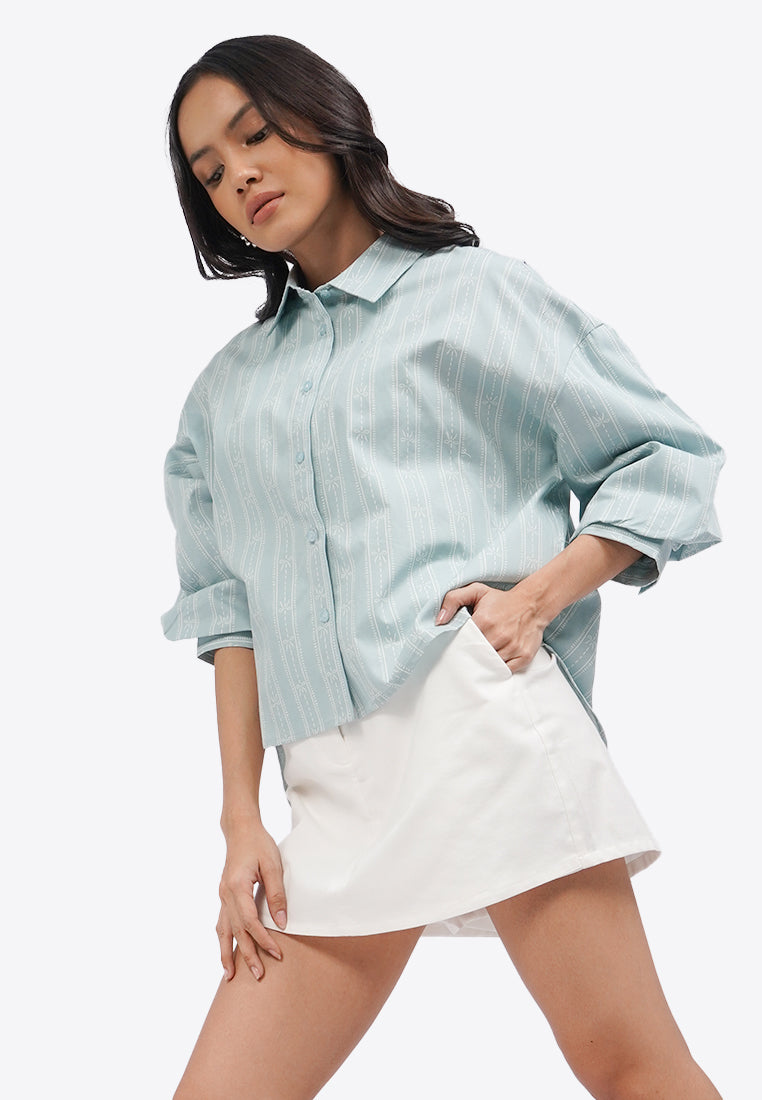 Printed 3/4 Puffy Sleeves Blouse L.Blue