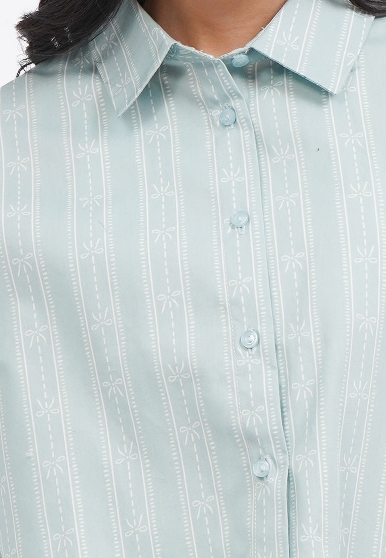 Printed 3/4 Puffy Sleeves Blouse L.Blue