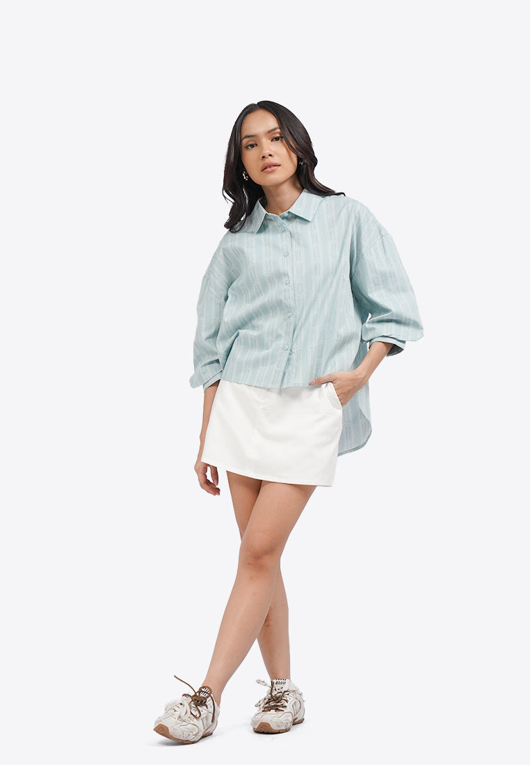 Printed 3/4 Puffy Sleeves Blouse L.Blue