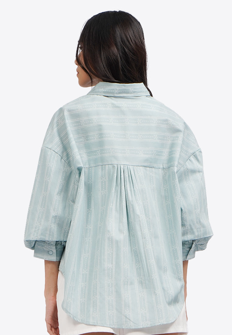Printed 3/4 Puffy Sleeves Blouse L.Blue