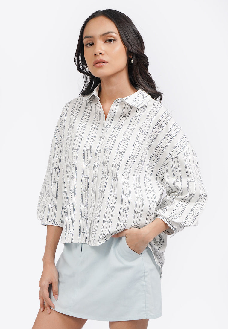 Printed 3/4 Puffy Sleeves Blouse Off White