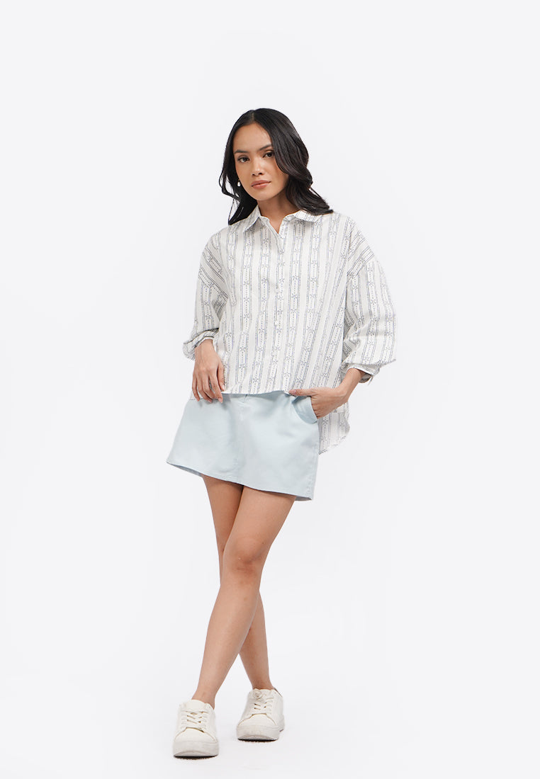 Printed 3/4 Puffy Sleeves Blouse Off White
