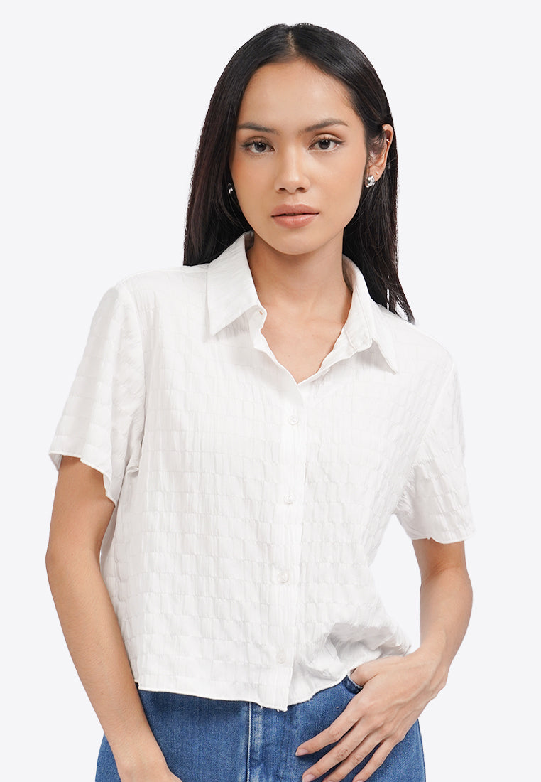 Textured Short Sleeve Blouse Off White