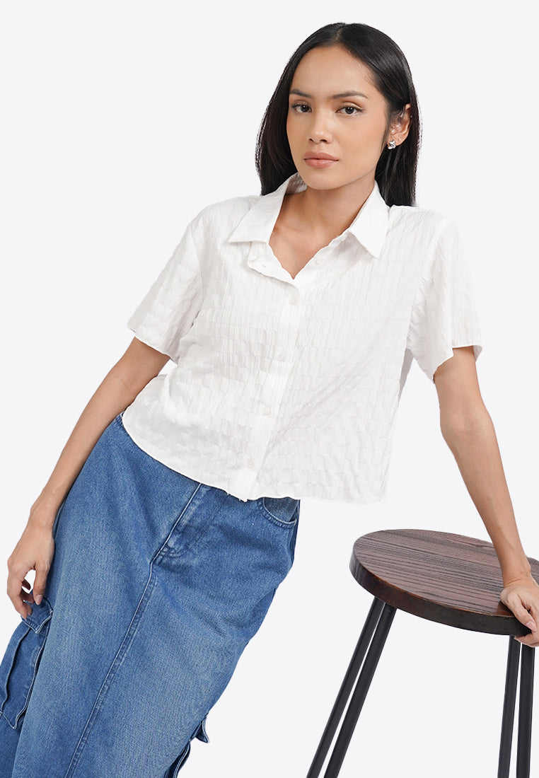 Textured Short Sleeve Blouse Off White