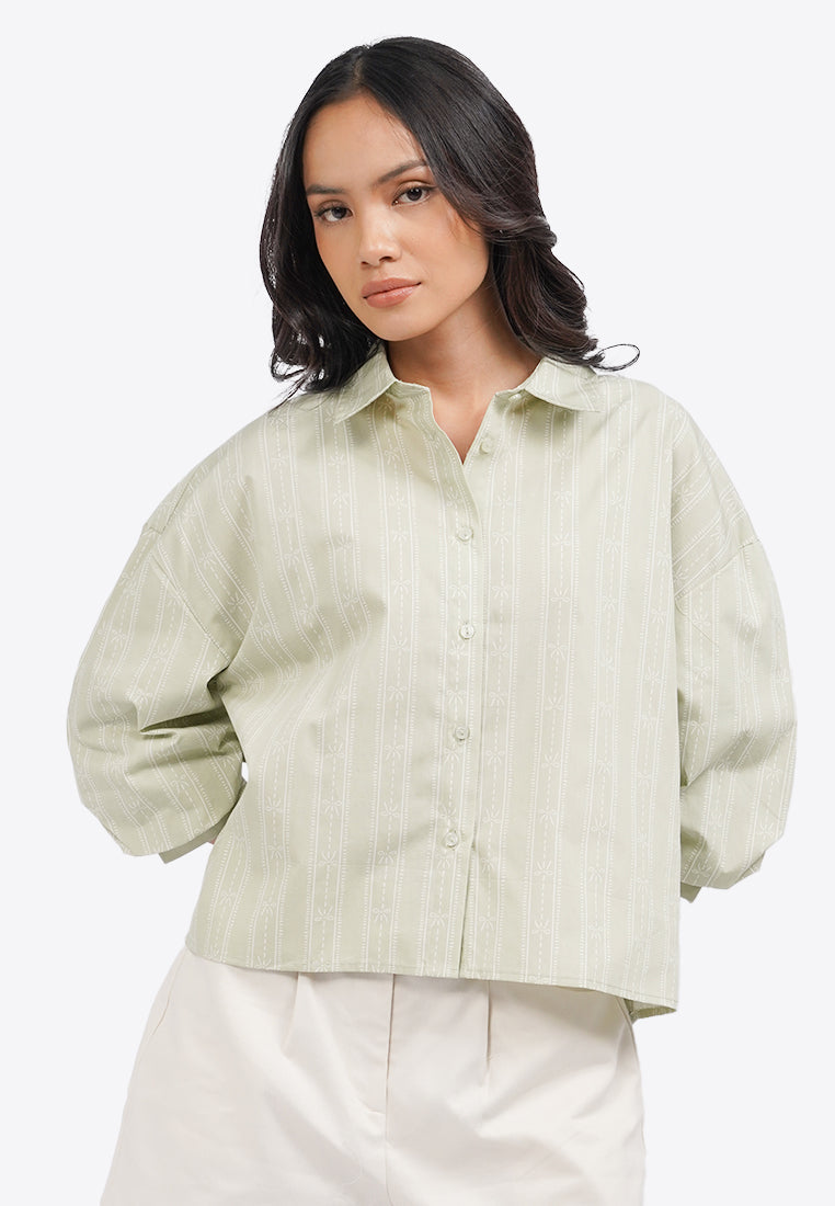 Printed 3/4 Puffy Sleeves Blouse Sage