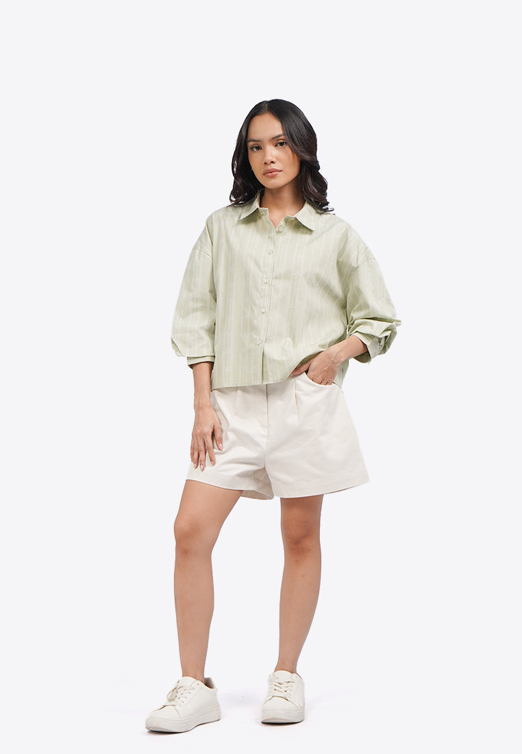 Printed 3/4 Puffy Sleeves Blouse Sage