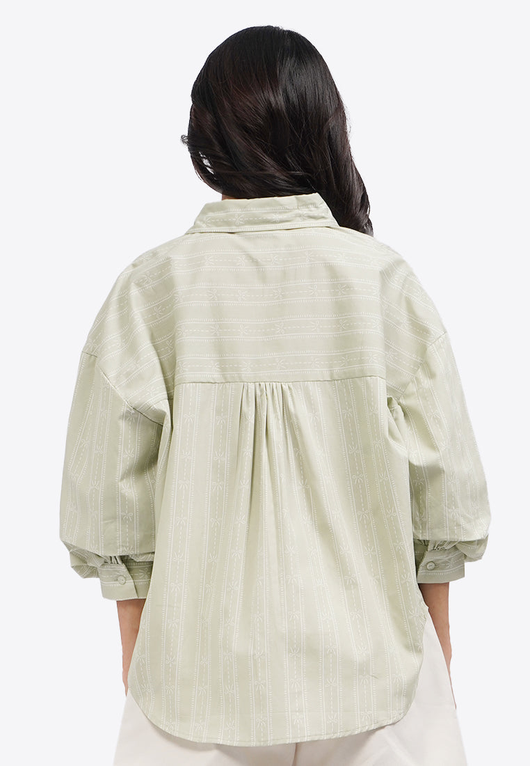 Printed 3/4 Puffy Sleeves Blouse Sage