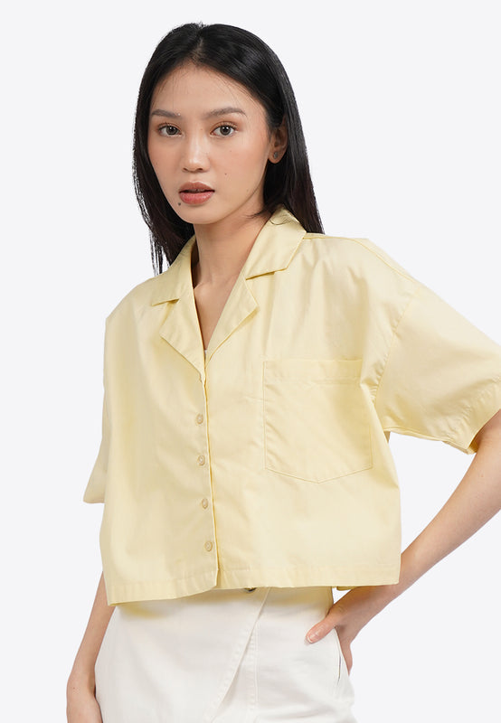 Short Sleeve Notch Collar Crop Blouse