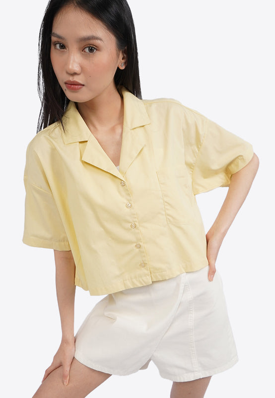 Short Sleeve Notch Collar Crop Blouse