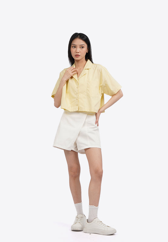 Short Sleeve Notch Collar Crop Blouse