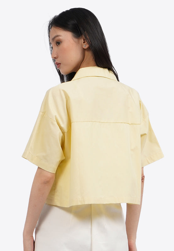 Short Sleeve Notch Collar Crop Blouse