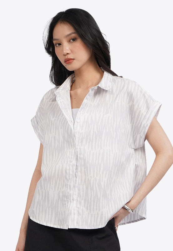 Roll Up Short Sleeve Printed Blouse