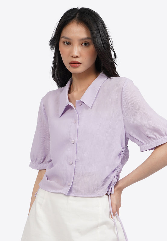 Side Ruched Ribbon Short Sleeve Blouse