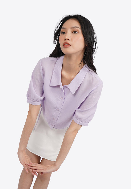 Side Ruched Ribbon Short Sleeve Blouse