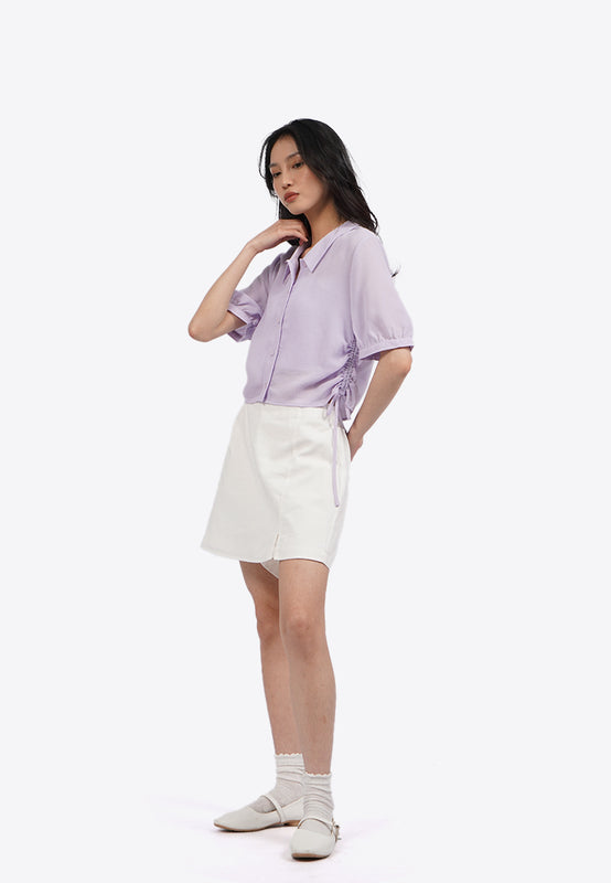 Side Ruched Ribbon Short Sleeve Blouse
