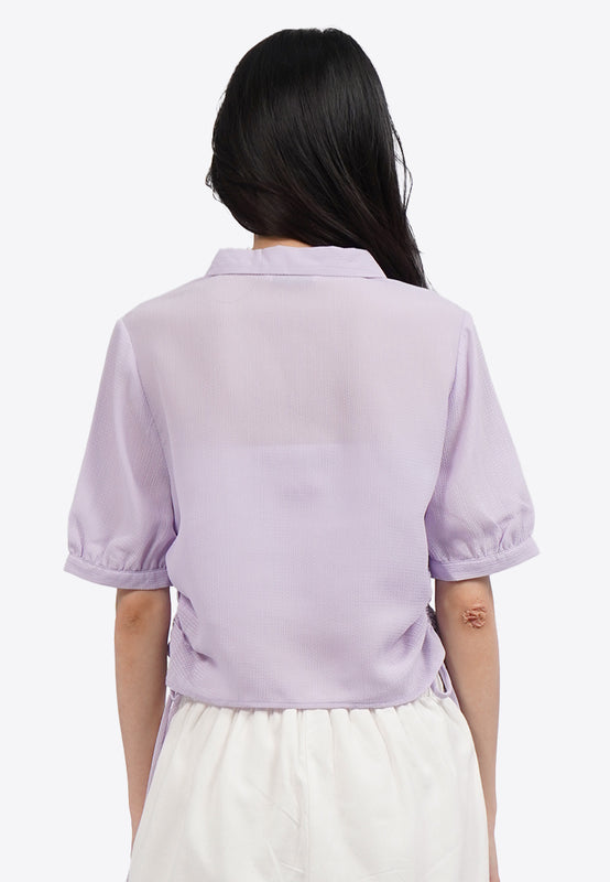 Side Ruched Ribbon Short Sleeve Blouse