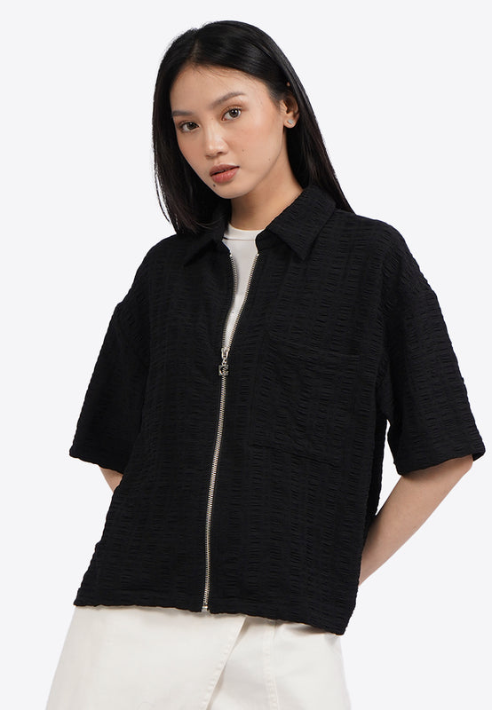 Short Sleeve Textured Zip Up Blouse