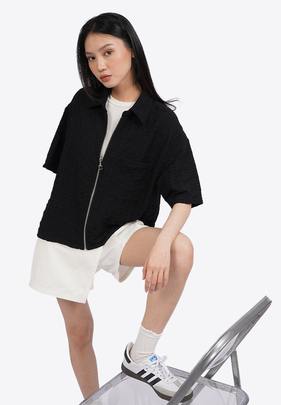 Short Sleeve Textured Zip Up Blouse
