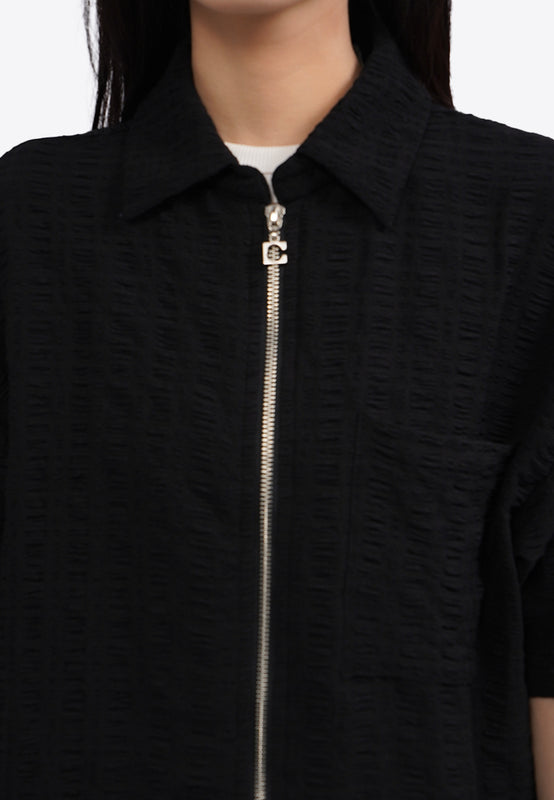 Short Sleeve Textured Zip Up Blouse
