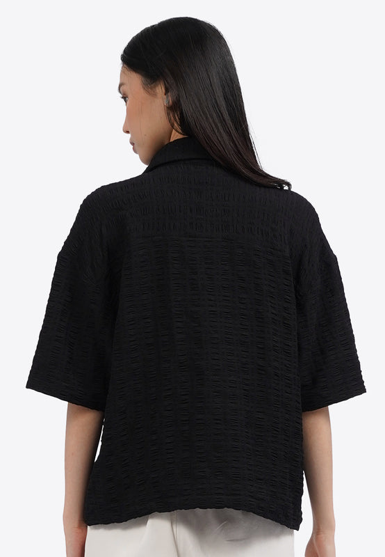 Short Sleeve Textured Zip Up Blouse