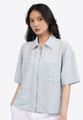 Short Sleeve Textured Zip Up Blouse