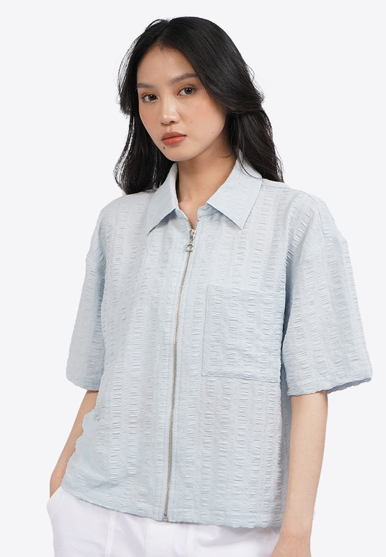 Short Sleeve Textured Zip Up Blouse