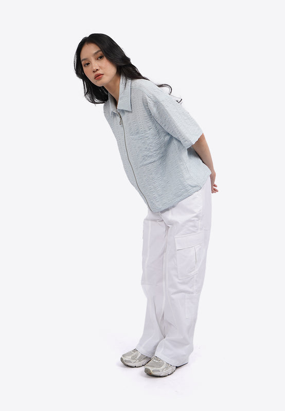 Short Sleeve Textured Zip Up Blouse