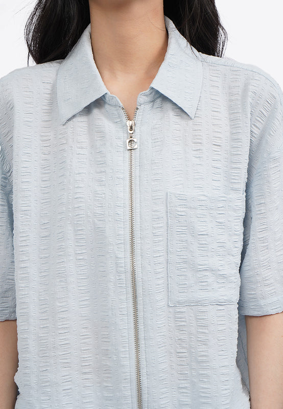 Short Sleeve Textured Zip Up Blouse