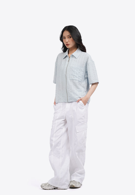 Short Sleeve Textured Zip Up Blouse