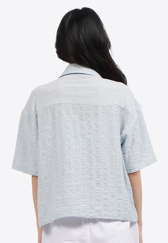 Short Sleeve Textured Zip Up Blouse