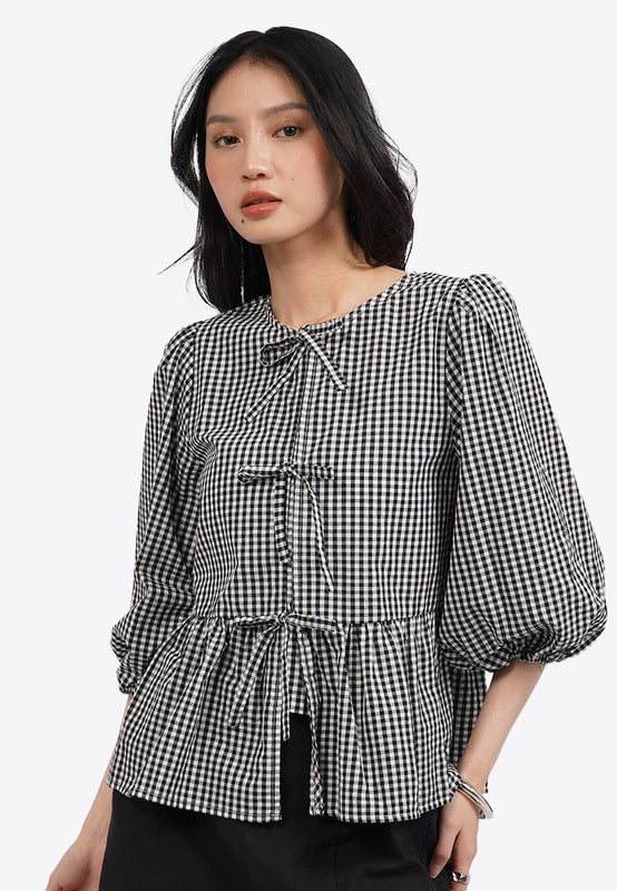 Puff Sleeve Gingham Blouse with Bow