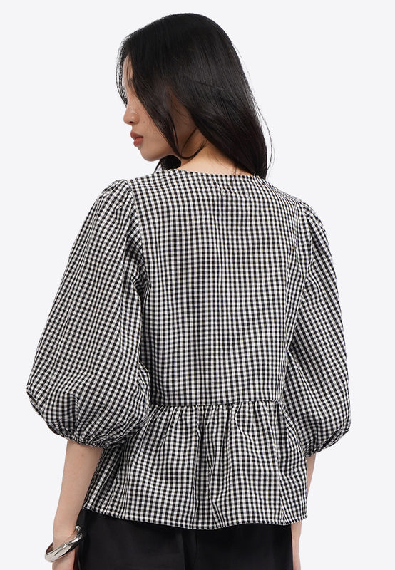 Puff Sleeve Gingham Blouse with Bow