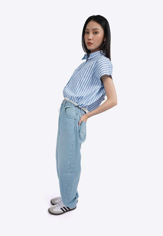 Drawstring Waist Short Sleeve Blouse