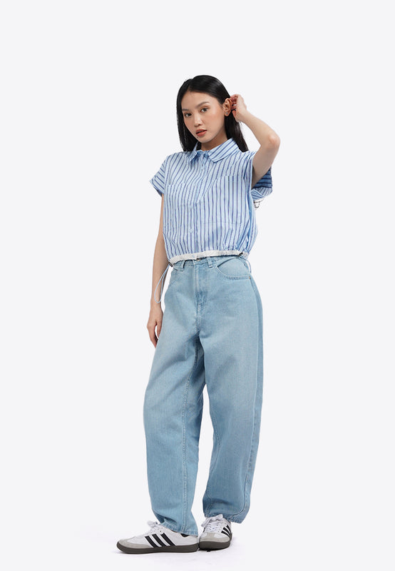 Drawstring Waist Short Sleeve Blouse