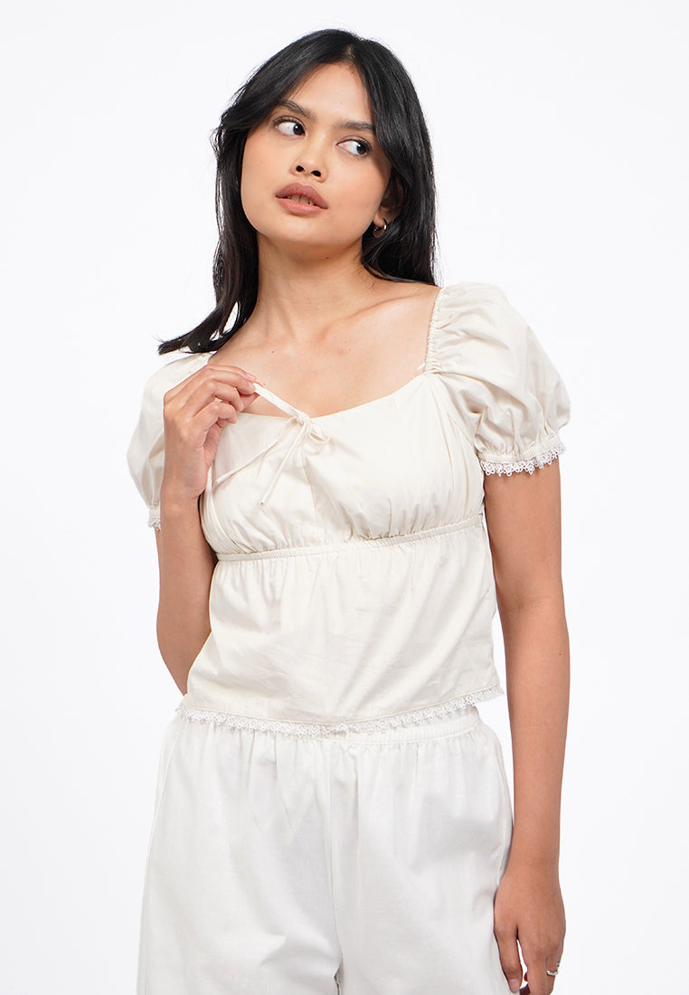 Puff Sleeve Top With Lace Hemline