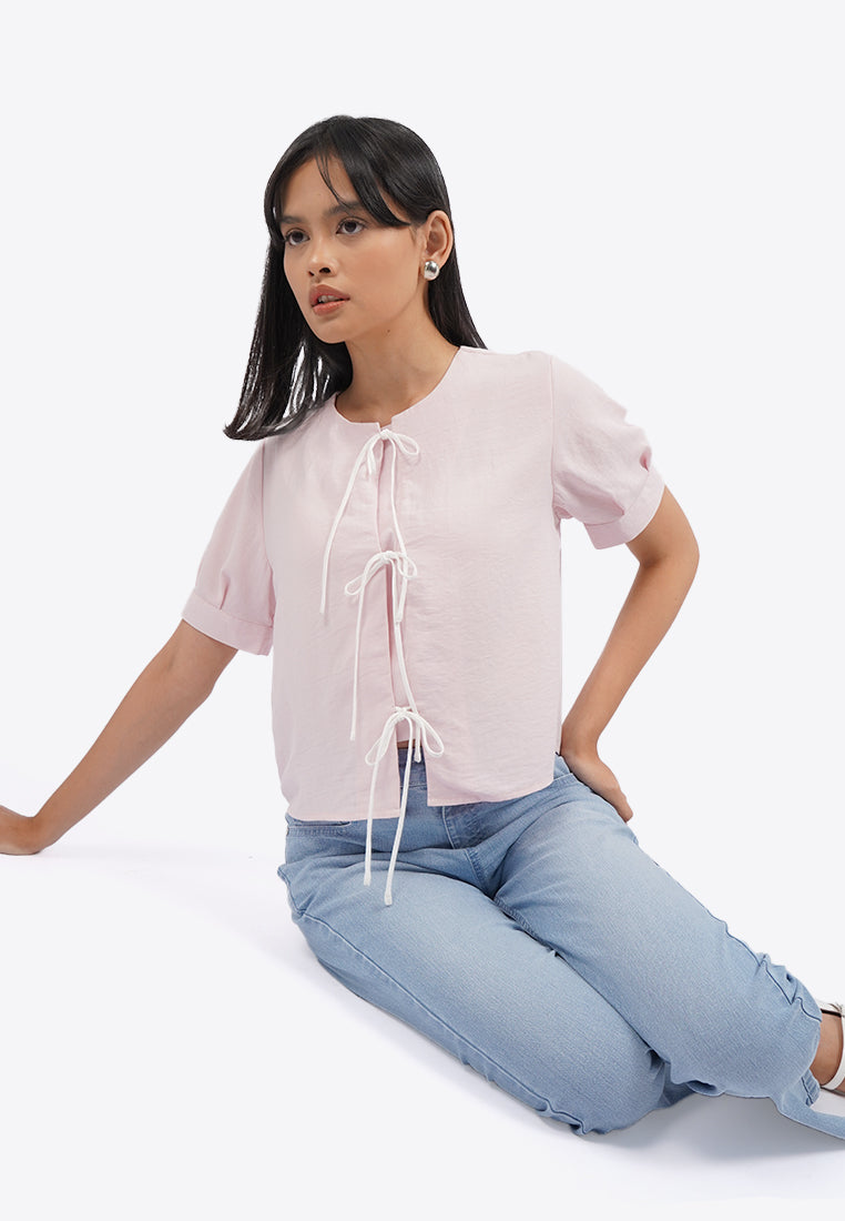 Tied Opening Round Neck Blouse