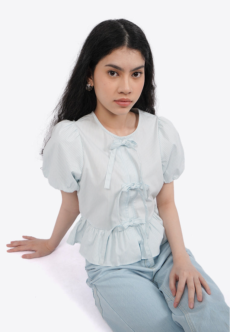 Puff Sleeve Blouse with Front Ribbon