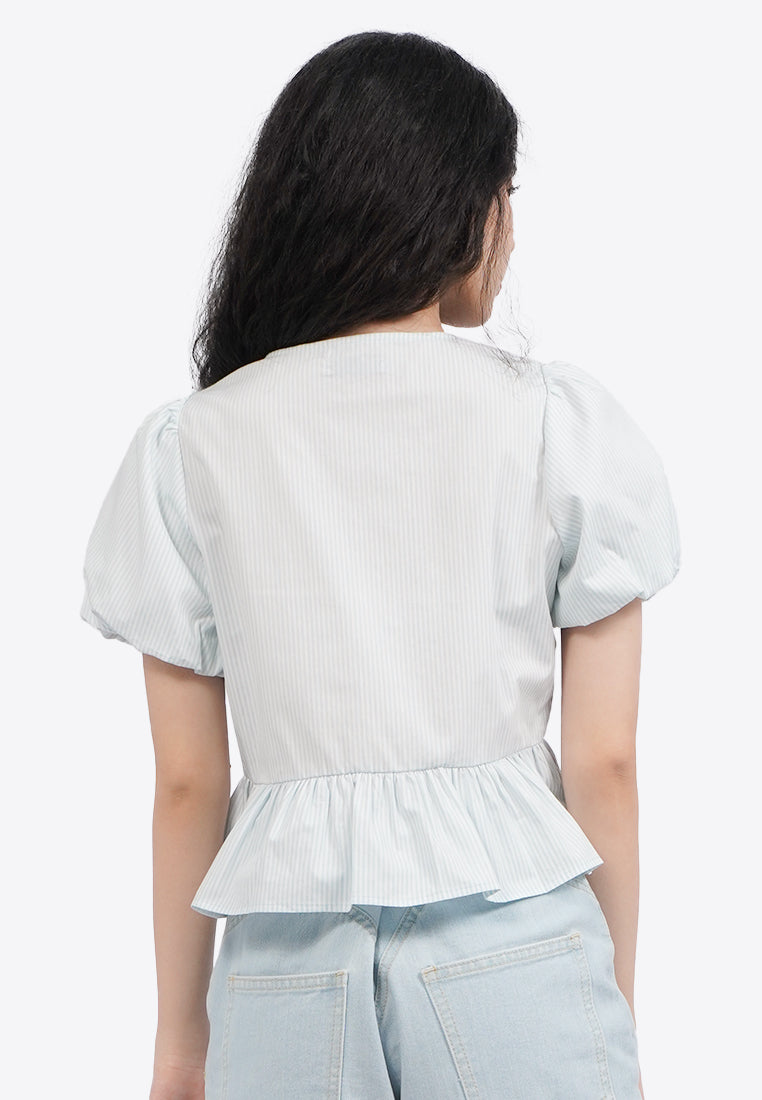 Puff Sleeve Blouse with Front Ribbon