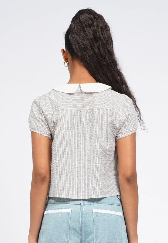 Contrast Collar Puff Sleeve Blouse