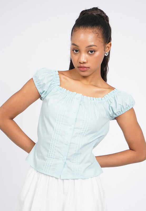 Puff Sleeve Pintuck Crop Blouse