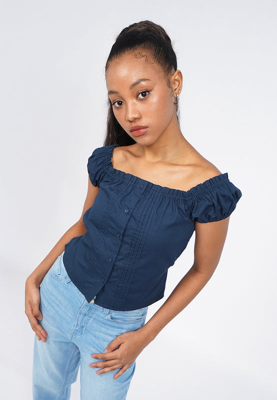 Puff Sleeve Pintuck Crop Blouse