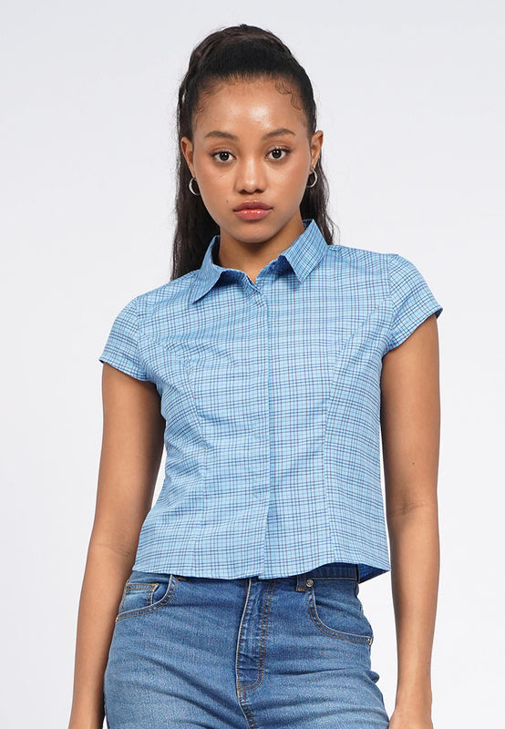 Fitted Puff Sleeve Check Blouse