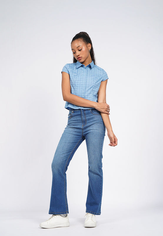 Fitted Puff Sleeve Check Blouse