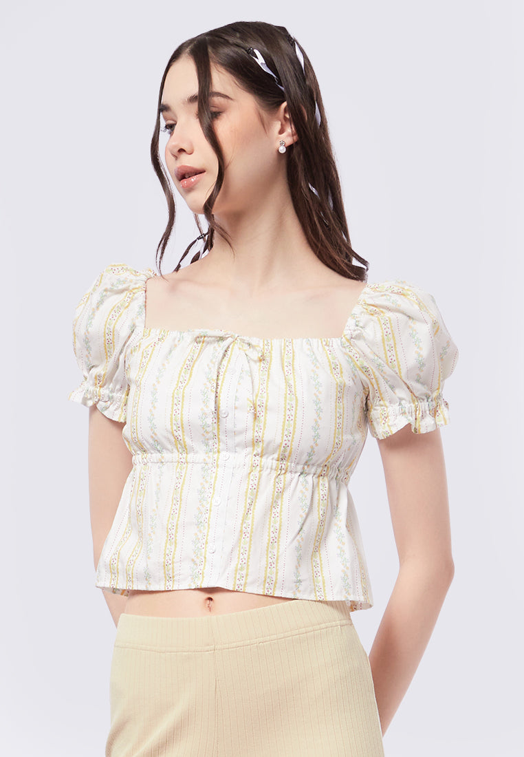 Square Neck Button Up Printed Top
