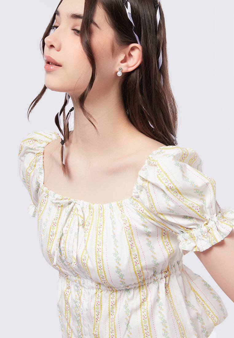 Square Neck Button Up Printed Top