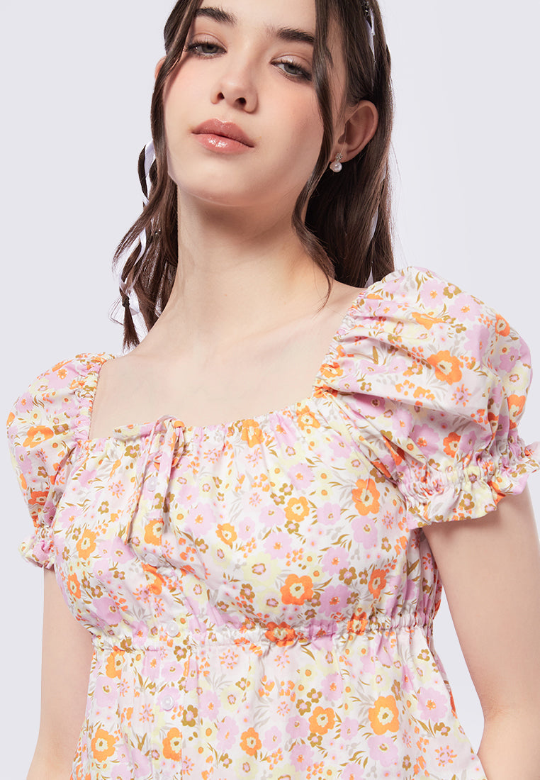 Square Neck Button Up Printed Top
